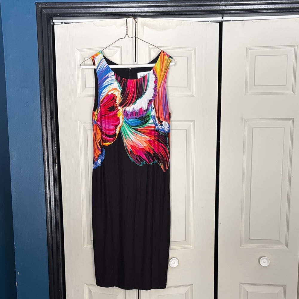 Sleeveless Black Dress with Vibrant Multicolor Floral Print